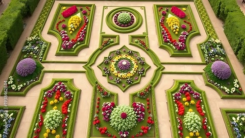 parterre. Geometric parterre garden with colorful flowers, aerial view, symmetrical pattern. gardening catalogs, home-decor guides, designed for home decor and floral branding.