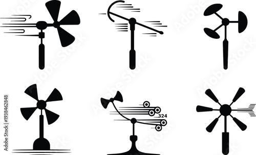 Set of Minimalist black anemometer wind speed tool silhouette vector icon