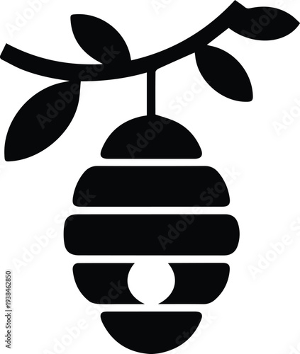 Minimalist black beehive hanging from a branch silhouette vector icon
