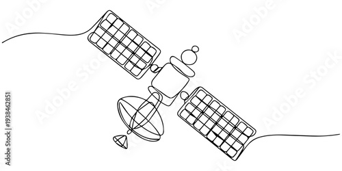 Continuous one line art drawing of a satellite in outer space exploring the cosmos vector, Black and white line drawing of satellite in space with antenna and solar panels. Non editable stroke