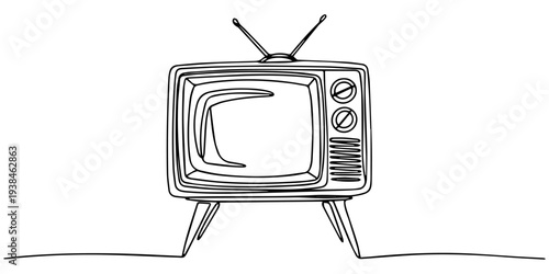 Retro television on minimalistic background with antenna and knobs. No editable strokes, One line of television. Abstract minimal continuous line isolated. one line Icon drawing with white background