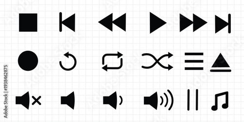 Music Icons, Volume Button, Play buttons, Music Player, Spotify, Play Pause Control, Song Glass, Audio Control