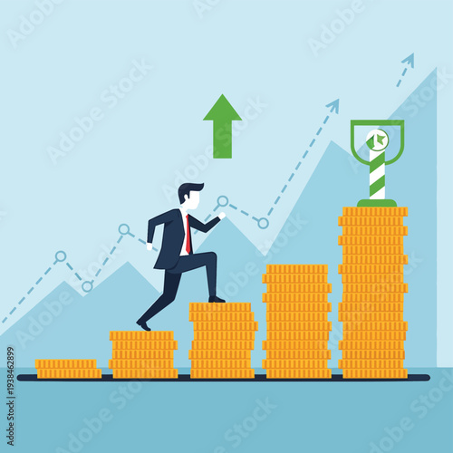 Businessman Climbing Coins to Success