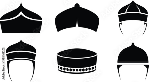 Set of Minimalist black prayer cap topi silhouette vector icon