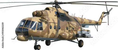 Military transport helicopter with desert camouflage isolated on white background, detailed combat aircraft illustration featuring rotor blades, landing gear, and weapon system