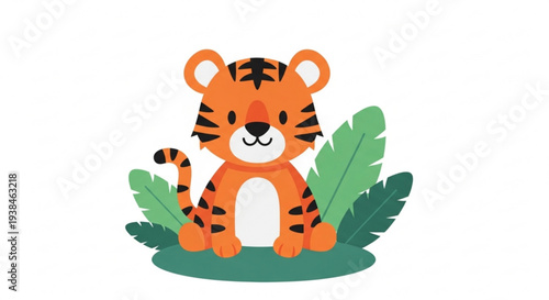 Cute tiger cub sitting on green grass with leaves smiling and looking adorable surrounded by foliage cartoon style wildlife illustration