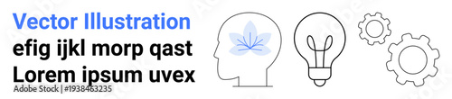 Creativity, innovation, mental process, design thinking, idea generation, productivity. Outline of a human head with a symbol, a lightbulb and gears. Creativity and innovation concept