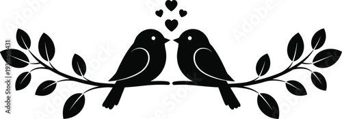 Two love birds silhouette sitting on a tree branch with hearts and leaves for wedding invitations, Valentine's Day, and romance