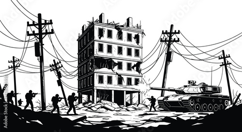 Urban warfare battlefield silhouette with soldiers and battle tank attacking ruined building, destroyed city combat scene military conflict vector illustration isolated on white