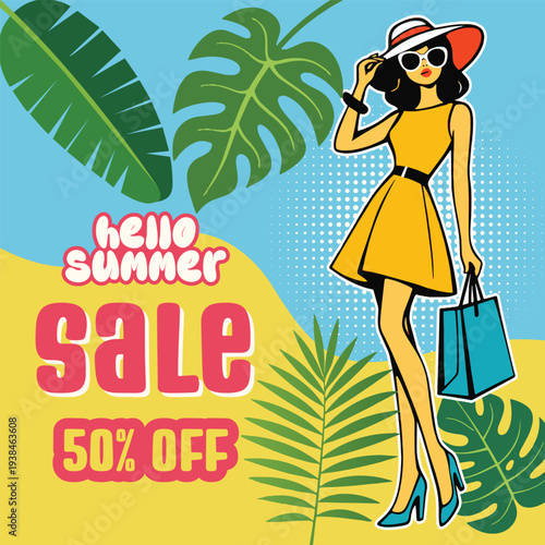 Retro vintage pop art comic style summer sale Social media post, banner, ads for summer holiday vacation square flyer poster advertising Woman in stylish dress and sunglasses poses with shopping bag
