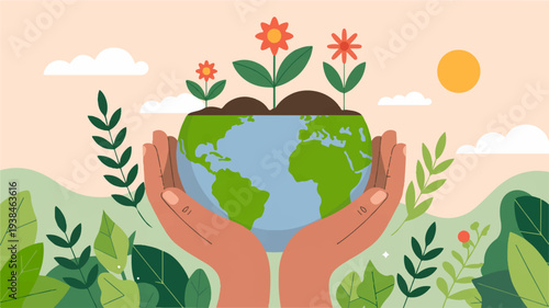 Hands cradling a green globe with blooming flowers symbolizing eco friendly care and sustainability on a sunny day
