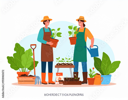 /output/1772467174008_Firefly_Minimalist flat vector gardening scene with two gardeners in aprons and hats, one wat 286448.eps