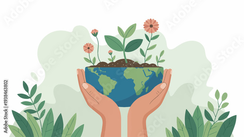 Human palms cradling earth globe with green sprouts and flowers symbolizing eco friendly care and environmental protection