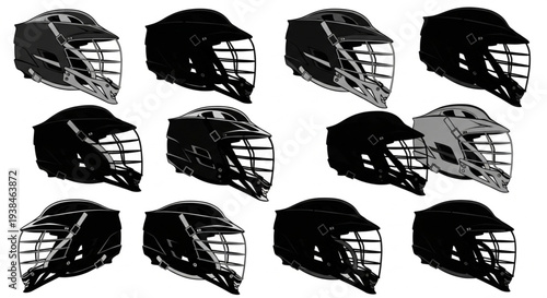 Collection of Lacrosse Helmets in Various Angles and Colors.