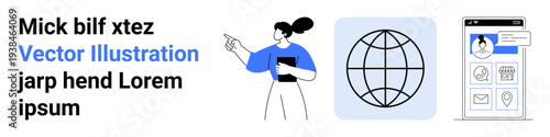Communication, technology, online profiles, networking, global access, application design. Woman pointing at a feature, globe icon and profile interface. Communication and technology concept