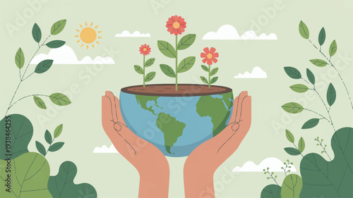 Caring human hands supporting a growing earth with flowers symbolizing environmental care and sustainability