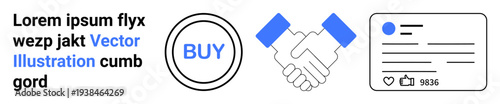 Ecommerce, collaboration, digital marketing, online business, social media engagement, partnership. Circular buy button, handshake and social media card with thumbs ups. Ecommerce and collaboration
