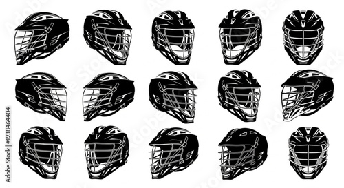 Collection of Lacrosse Helmets in Black and White Illustration.