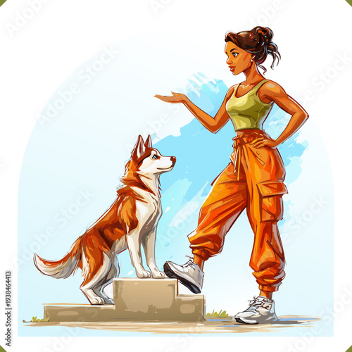 Vector illustration of a woman trainer teaching a Siberian Husky dog to step on a platform isolated on a white background