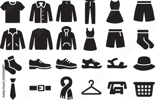 Collection of various clothing and accessories icons in black