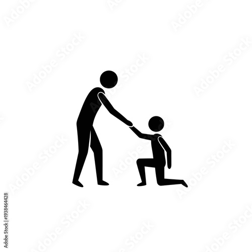 A man helps a child standing up with a helping hand in a supportive gesture.