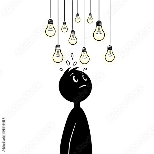 Person under multiple hanging lightbulbs feels anxious and stressed in a moment of inspiration.