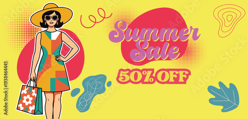 Retro vintage pop art comic style summer sale banner for social media cover header with Woman with shopping bag illustration advertising summer holiday vacation, Travel sale banner for sale discount