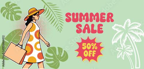 Retro vintage pop art comic style summer holiday vacation, summer sale banner for social media cover header Woman with shopping bag illustration promoting summer sale banner with  discount promotion