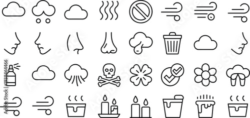 Smell, odor, aroma, sniff outline vector icons set. editable stroke. concept of sense of smell.