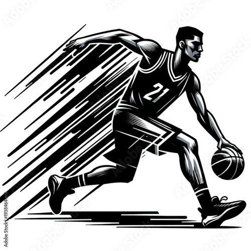 Basketball Player in Action: A dynamic illustration captures a basketball player in full motion, dribbling the ball with focused determination and showcasing the energy and speed of the sport.