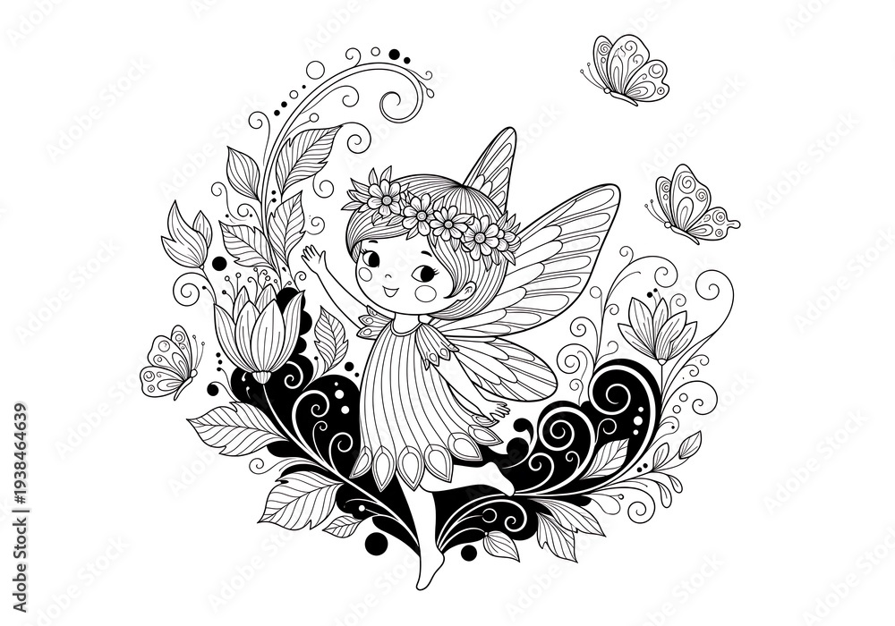 Obraz premium Black and white illustration of fairy with flowers and butterflies