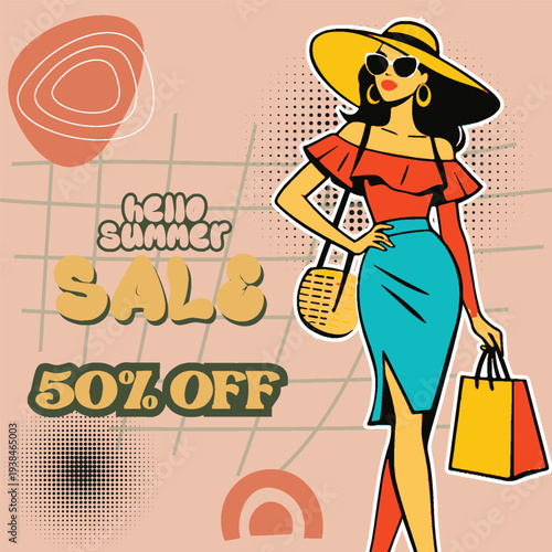 Retro vintage pop art comic style summer sale Social media post, banner, ads for summer holiday flyer posterwith  Fashionable woman in off-shoulder top and skirt with shopping bag for summer sale ad