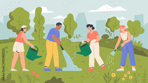 Group of people gardening together in a lush green park with trees and flowers promoting environmental awareness and community bonding