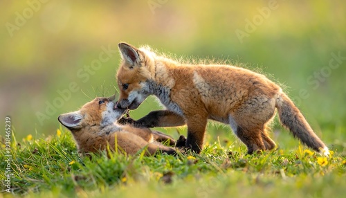 Two fox kits playing in a grassy field, one kit standing over the other, about to nip its nose