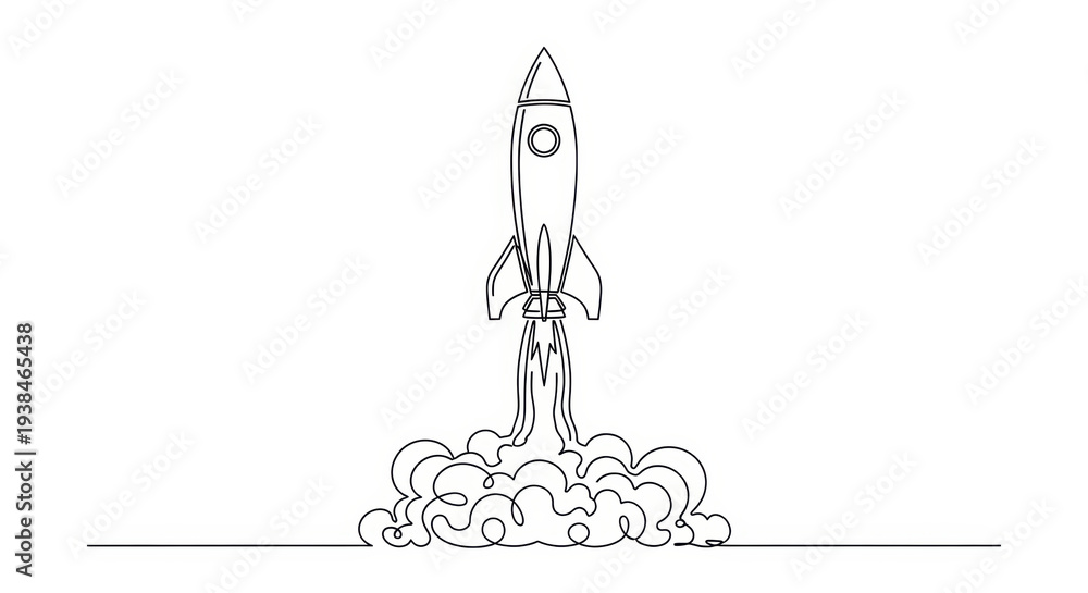 Fototapeta premium Rocket Launching, Smoke Plume, Single Line Drawing, Space Exploration Concept