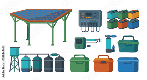 Camping shelter canopy with gas cylinders and control panel vector icons set