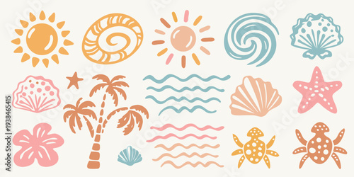 Colorful summer icons featuring suns shells palm trees and marine life