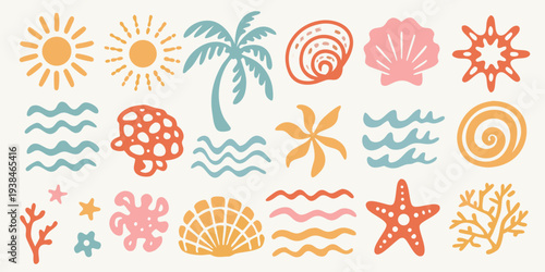 A collection of colorful whimsical summer and ocean themed illustrations