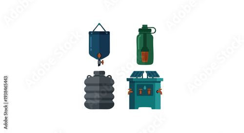 Camping water container, gas cylinder and generator vector icons set