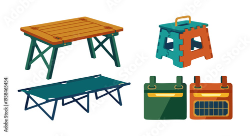 Camping tables, benches and folding cots vector icons set