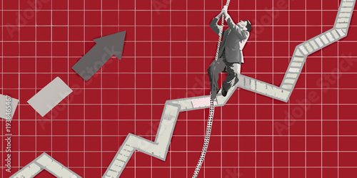 Business professional climbing a rope ladder towards upward trending graph