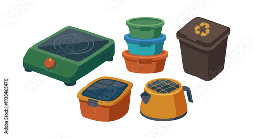 Camping storage containers and cooler boxes vector icons set