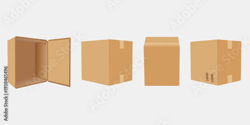 Five cardboard boxes shown in various stages of being opened or closed