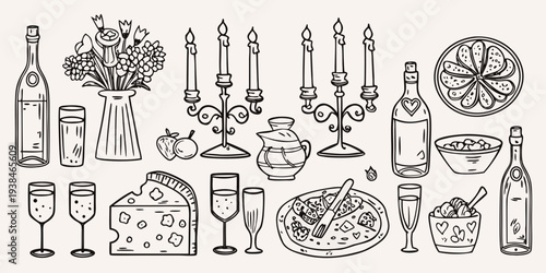 A collection of hand drawn celebratory objects including food drink and decor