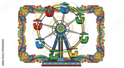 Colorful Ferris Wheel Spinning with Ornate Frame at Amusement Park