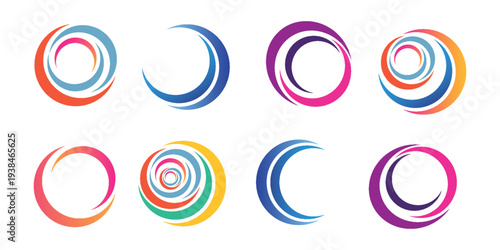 Circle company logo signs set. Collection of colorful emblems vector illustration. Abstract round symbols. Unique logotype design template isolated on white