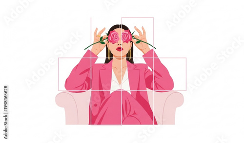 Playful woman in pink suit holding roses in chair vector illustration isolated on white background