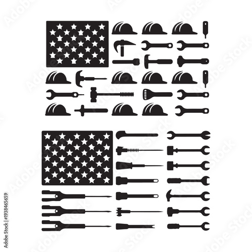 American flag with various tools and welding symbols