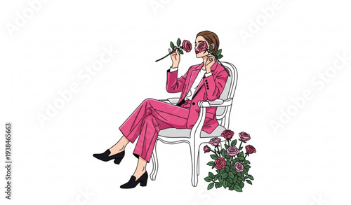 Stylish woman in pink suit holding roses vector illustration in rose garden on white background