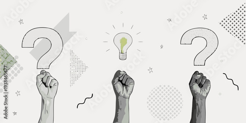 Hands raising question marks and a glowing lightbulb concept